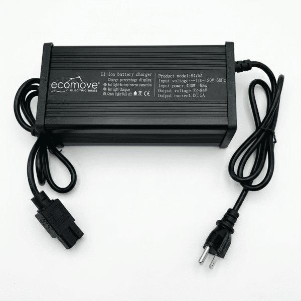 Cargador de litio 84V 5A para moto eléctrica con carcasa metálica.
